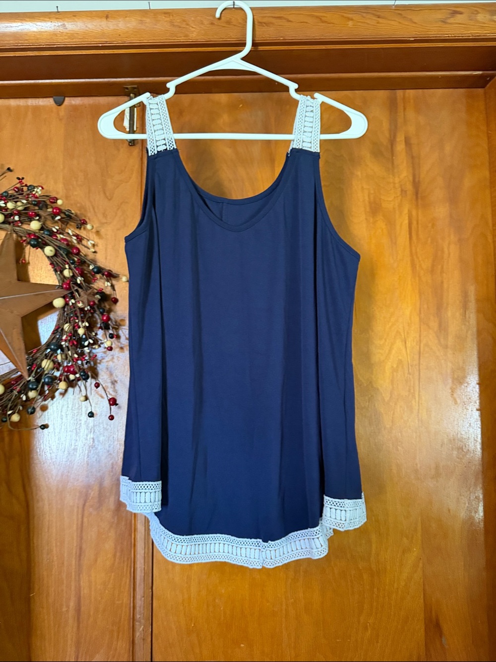SHEIN Navy Tank Top with White Crochet Straps & Hem